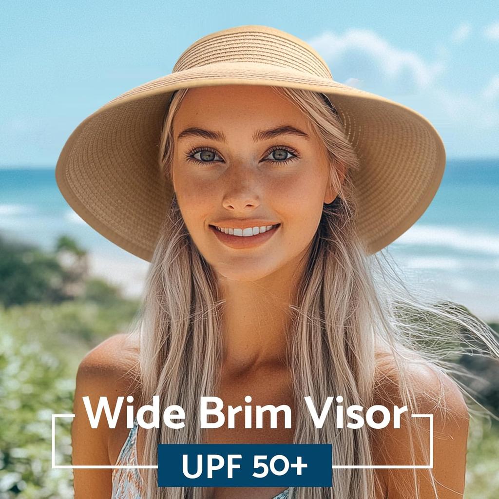 Women'S Sun Hats with Wide Brim, Roll-Up Design for Beach, Ponytail-Friendly, Packable And Foldable Straw Visor for Travel
