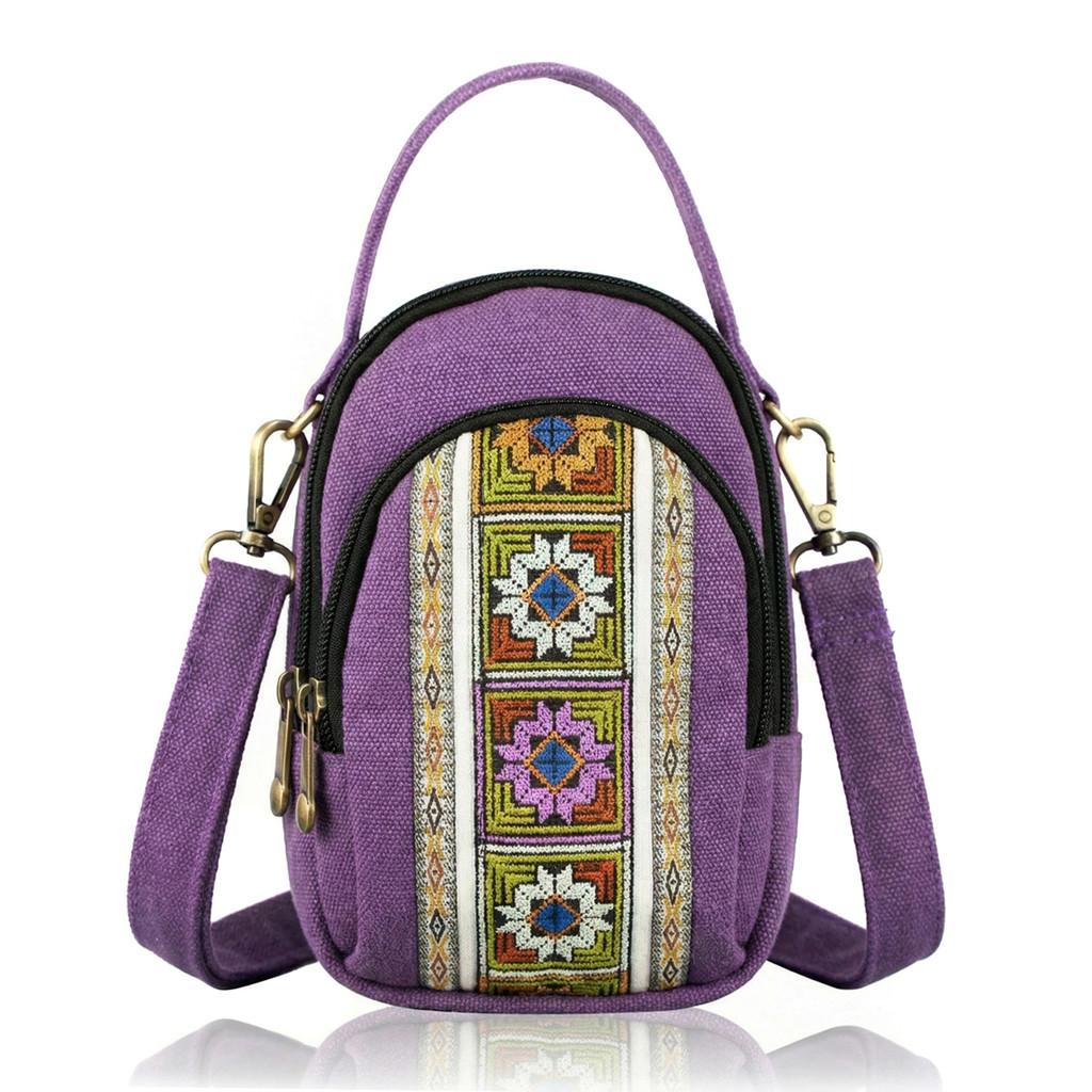 Ethnic Style Embroidered Canvas Bag With Zipper Pockets For Daily Use