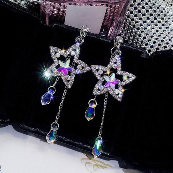 Shiny Rhinestone Hollow Star Tassel Dangle Stud Earrings Women Jewelry