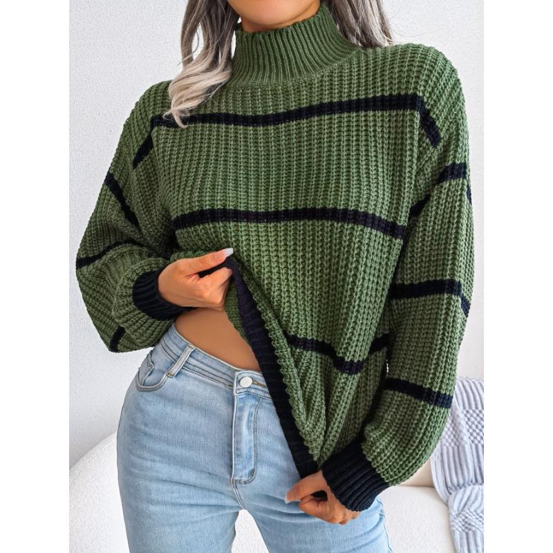 Pull rayé à manches lanternes, Pull décontracté à col roulé et manches longues, Hauts décontractés pour l'automne et l'hiver, Vêtements pour femmes
