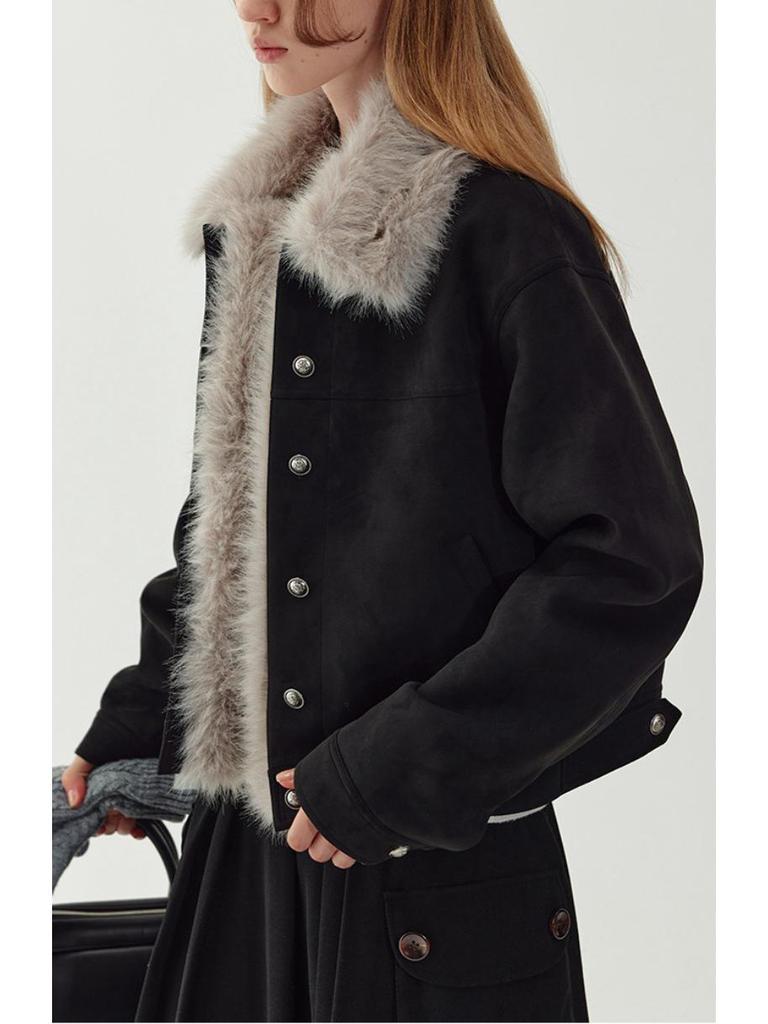 Women's Retro Suede Jacket with Detachable Fur Collar - 2025 Autumn/Winter Collection