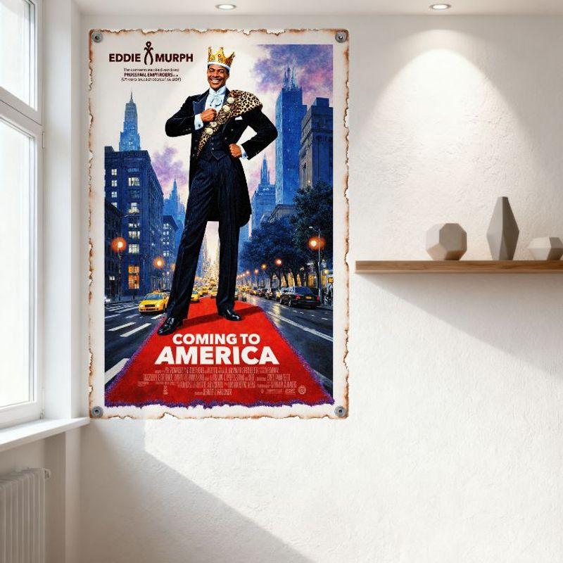 Coming to America Eddie Murphy Vintage Metal Tin Sign Retro Movie Poster Wall Decor for Bar Pub Home Office Man Cave Art Plaque