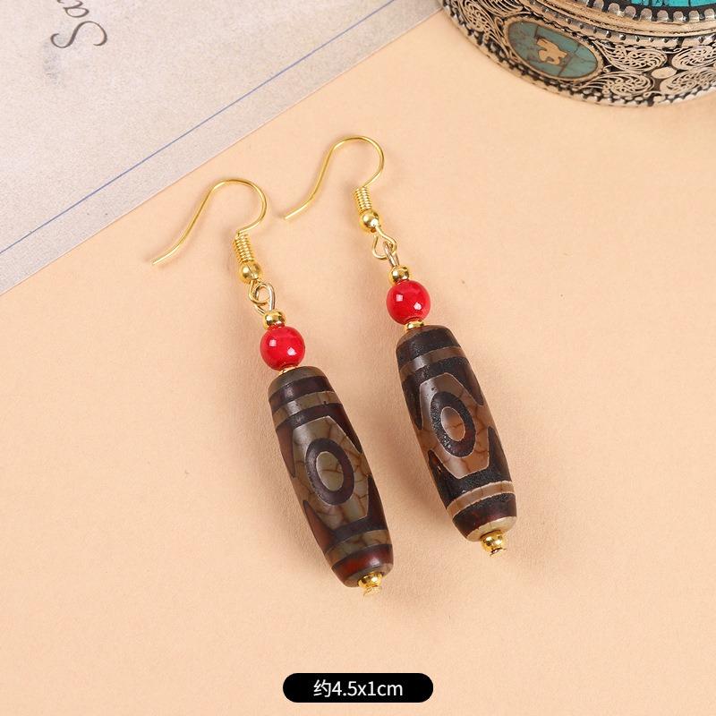 Original design Tibetan nine-eye dzi bead agate earrings retro literary tiger tooth earrings Chinese earrings women