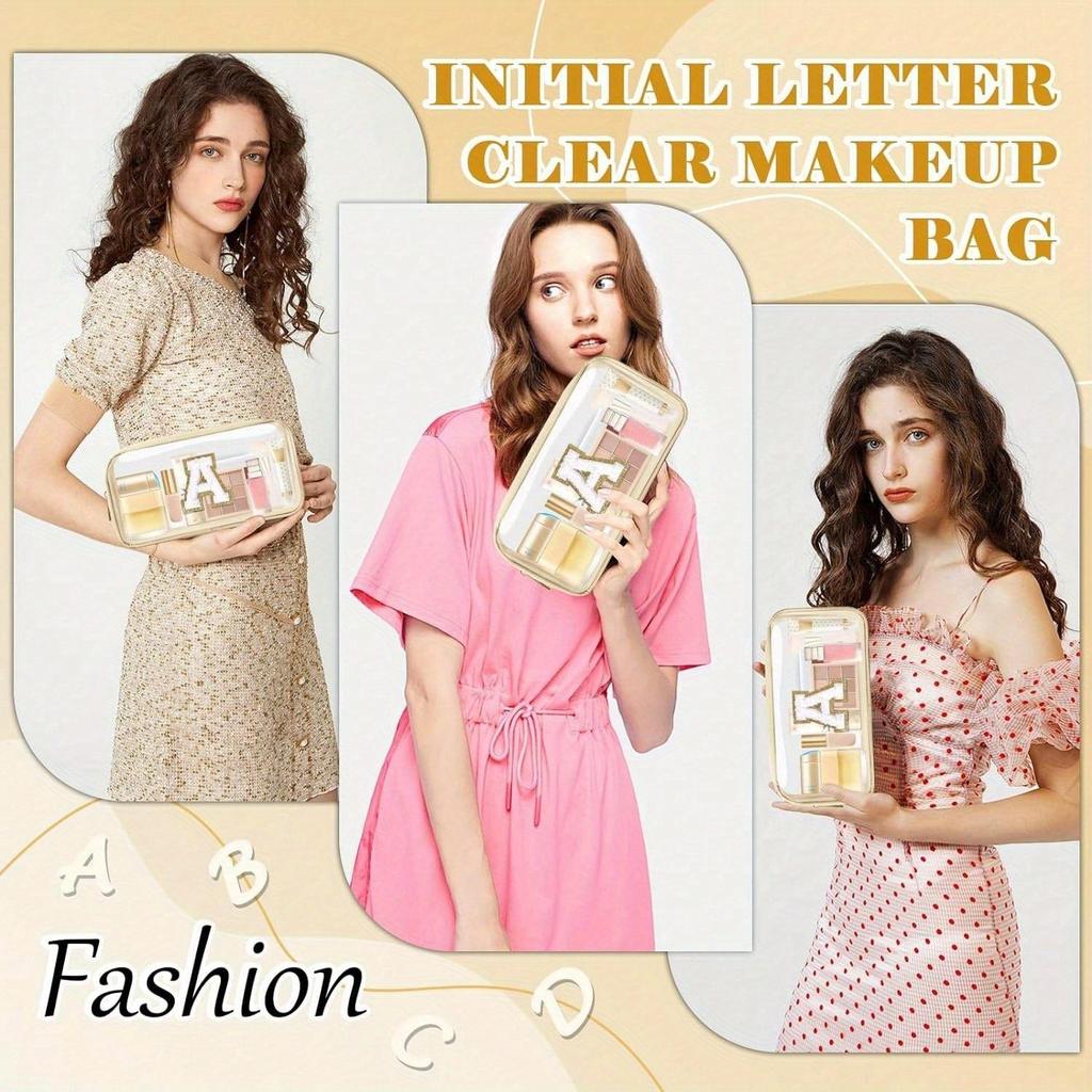 Small Clear Personalized Initial Letter Makeup Bag, A-Z Chenille Patch Preppy Nylon Cosmetic Bag With Zipper, TSA Approved