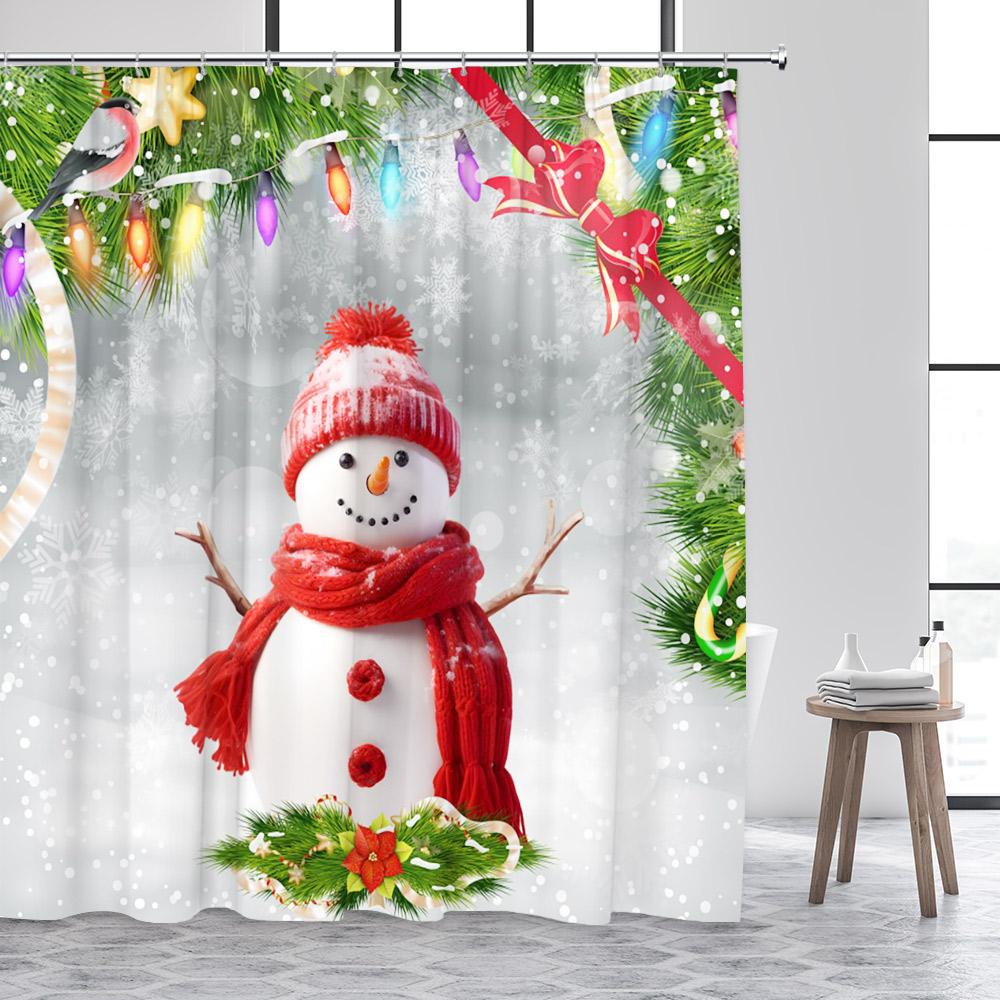 Cute Snowman Christmas Shower Curtains Blue Xmas Tree Rope Ball Gift Snowflake Winter Scenery Fabric Home Bathroom Curtain Dec