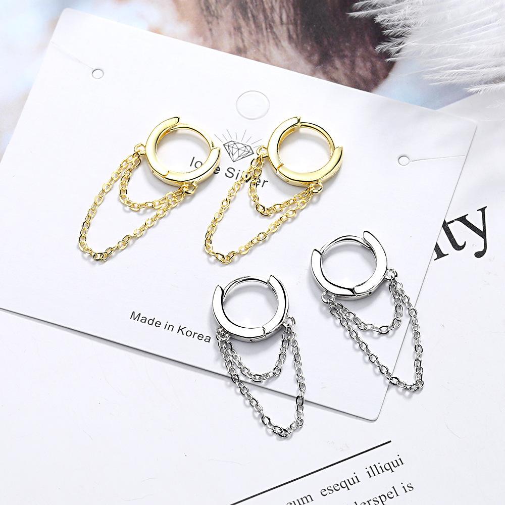 Creative Gold Double Layer Stainless Steel Chain Hoop Earring for Women Charm Long Tassel Drop Dangle Earring Jewelry Gift