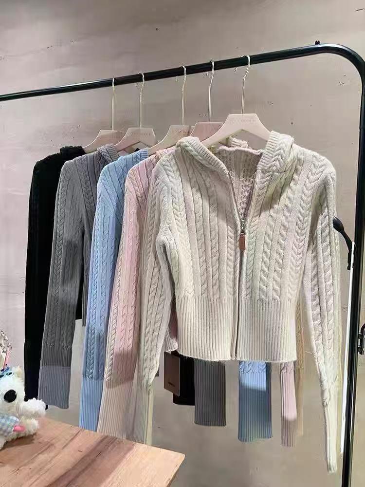 Design-Sense Cable Knit Hooded Cardigan: Zippered, Slimming, Waist-Cinching, Autumn/Winter Short Sweater Coat for Women