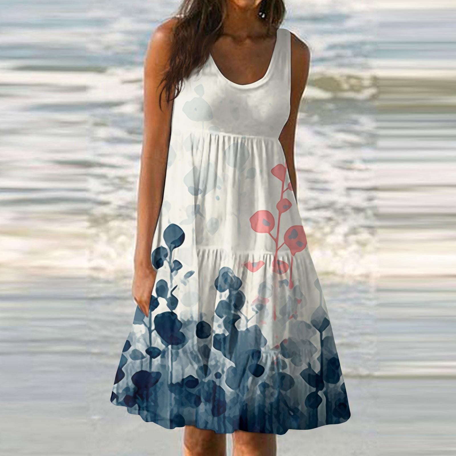 Женское летнее модное свободное повседневное пляжное платье без рукавов с принтом — фото 8