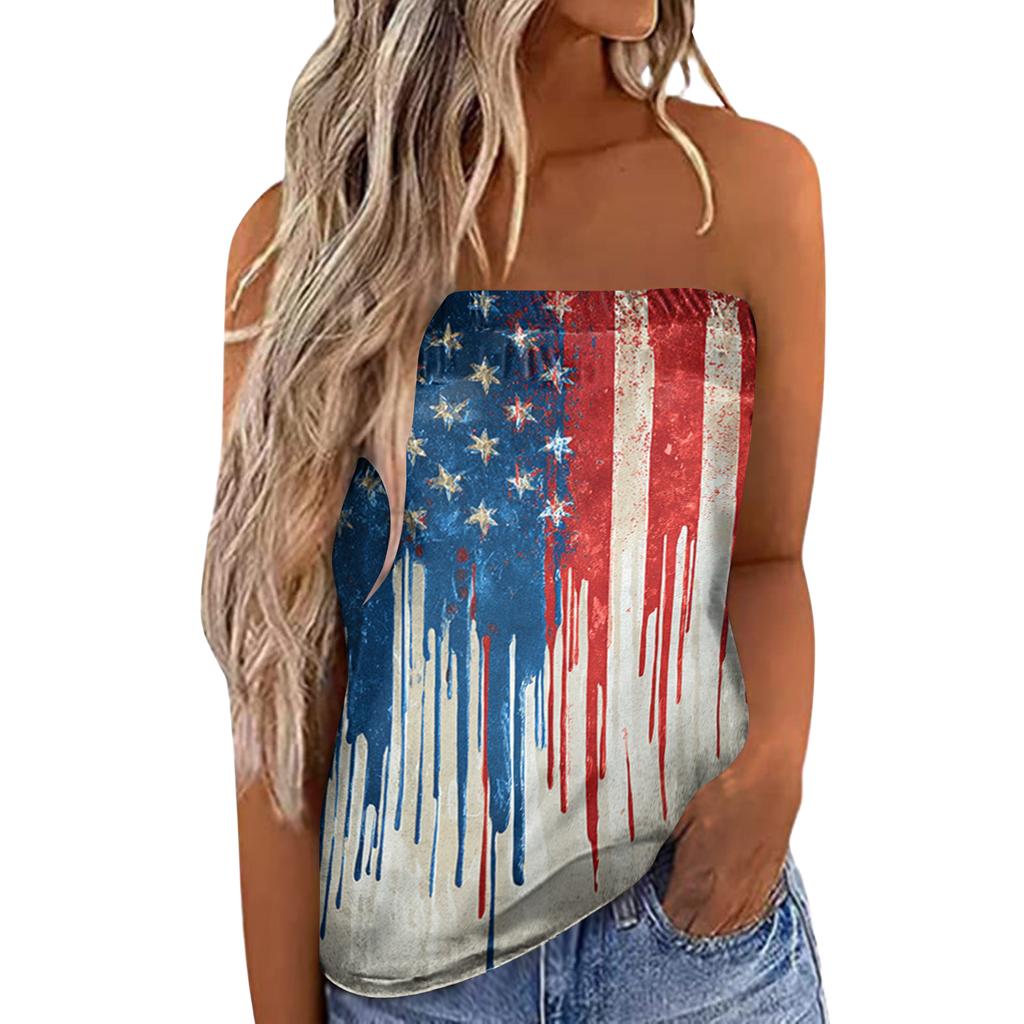 Women's Summer Sexy Strapless Off-Shoulder Elastic Band Design Independence Day Print Top
