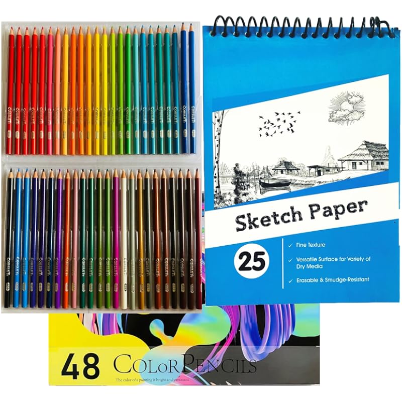 Corslet Set Of 49, Combo Of 48 Colour Pencils And 1 A5 Sketchbook, Includes Oil-Based Colouring Pencils And Spiral-Bound