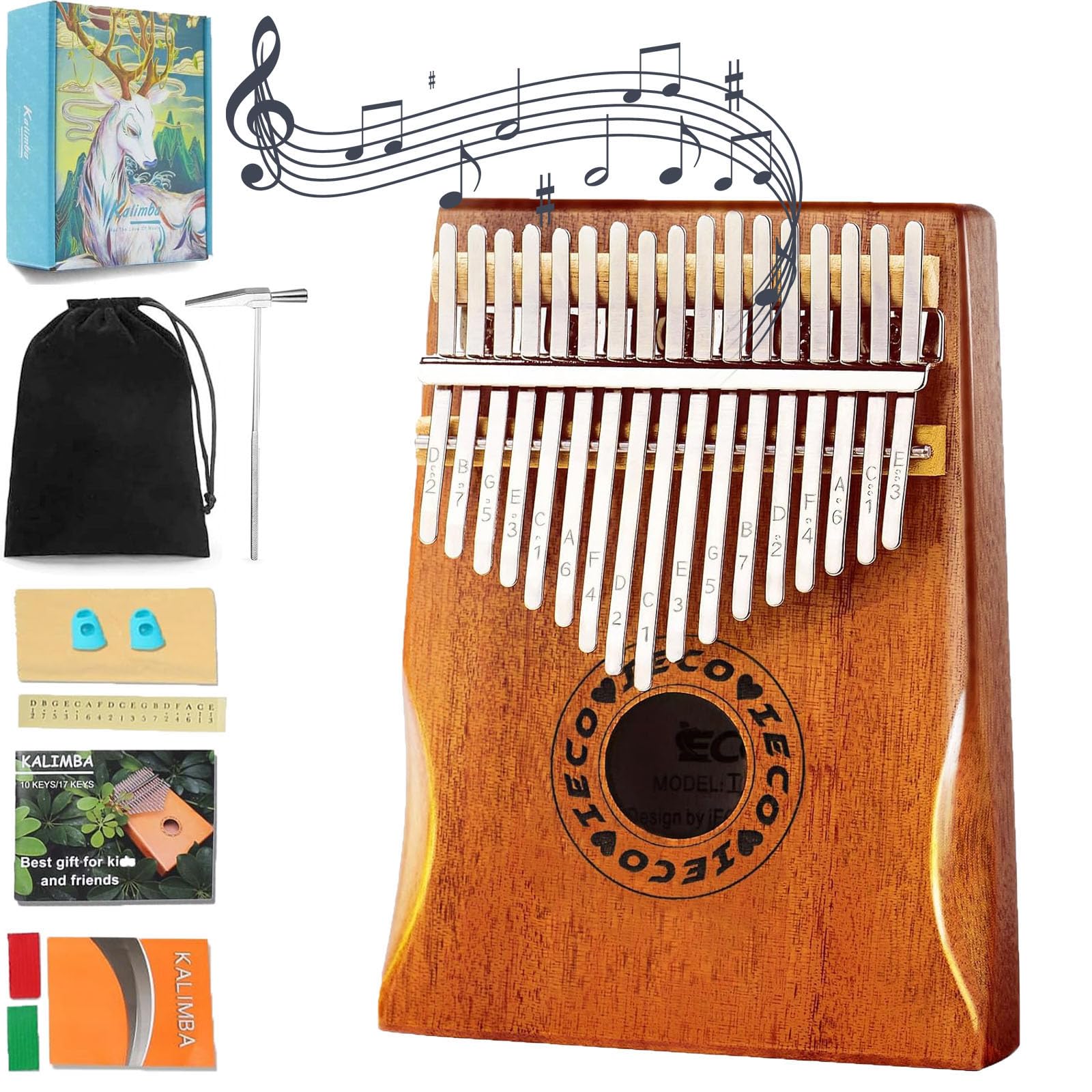 

Portable Kalimba Beginner Set, 17-Key Finger Piano, Mbria Songbook and Tuning Hammer Included, Suitable for Adults and Children