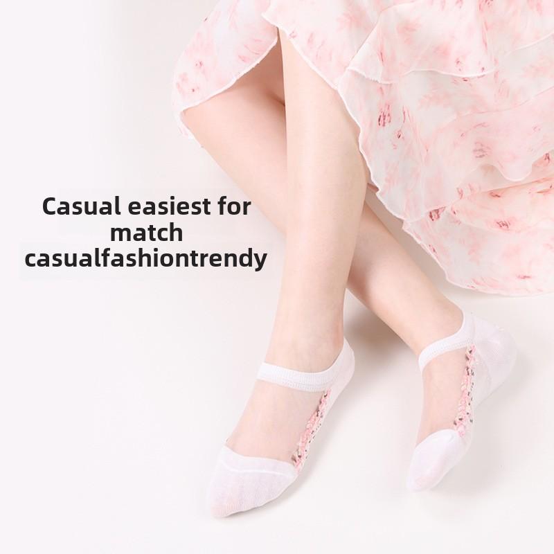 5 Pairs Spring and Summer Fashion Transparent Crystal Stockings Glass Silk Women's Boat Socks Flower Women's Socks