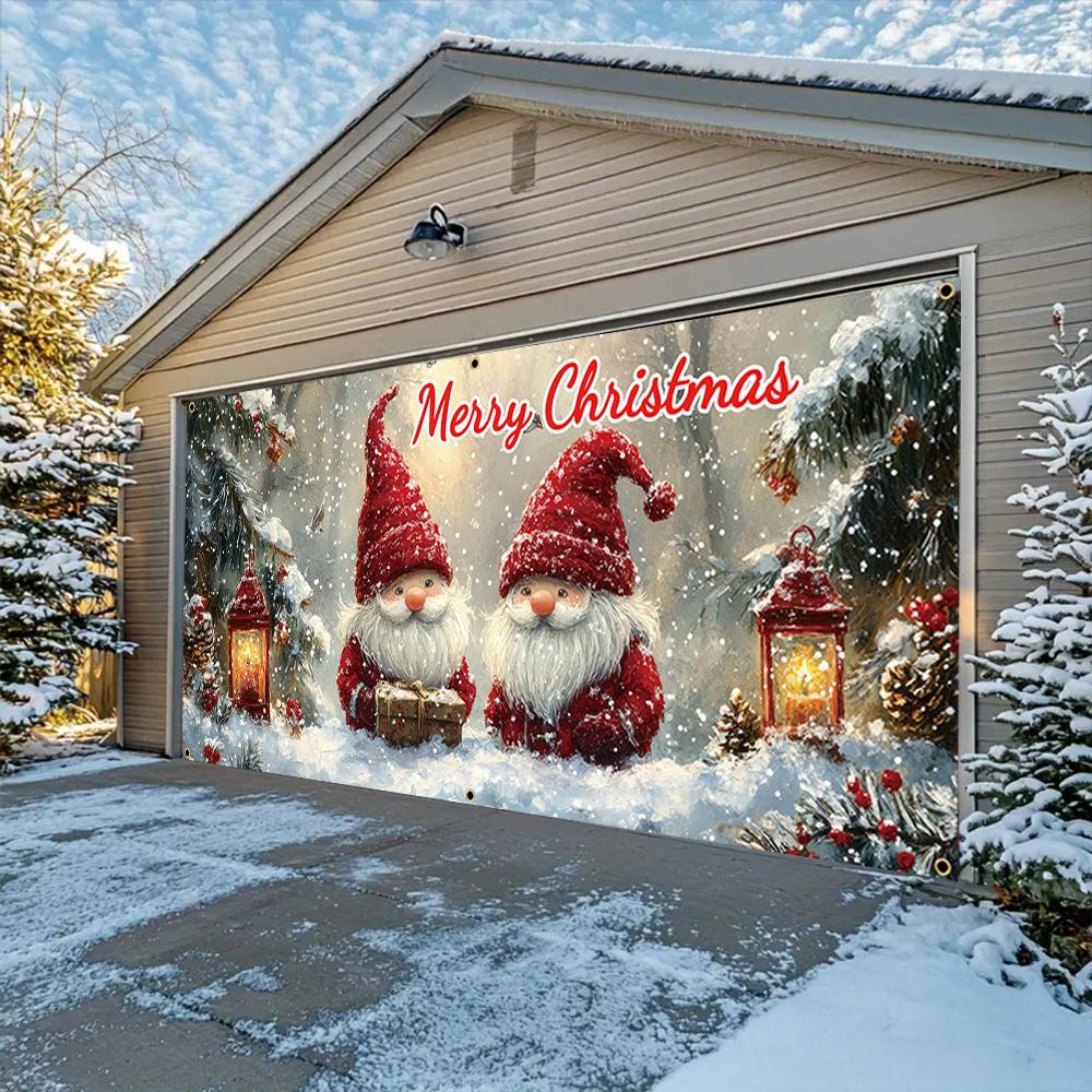 1 Piece, Large Christmas Garage Door Banner, Winter Snow View Christmas Dwarf Pattern, Durable, Easy To Hang