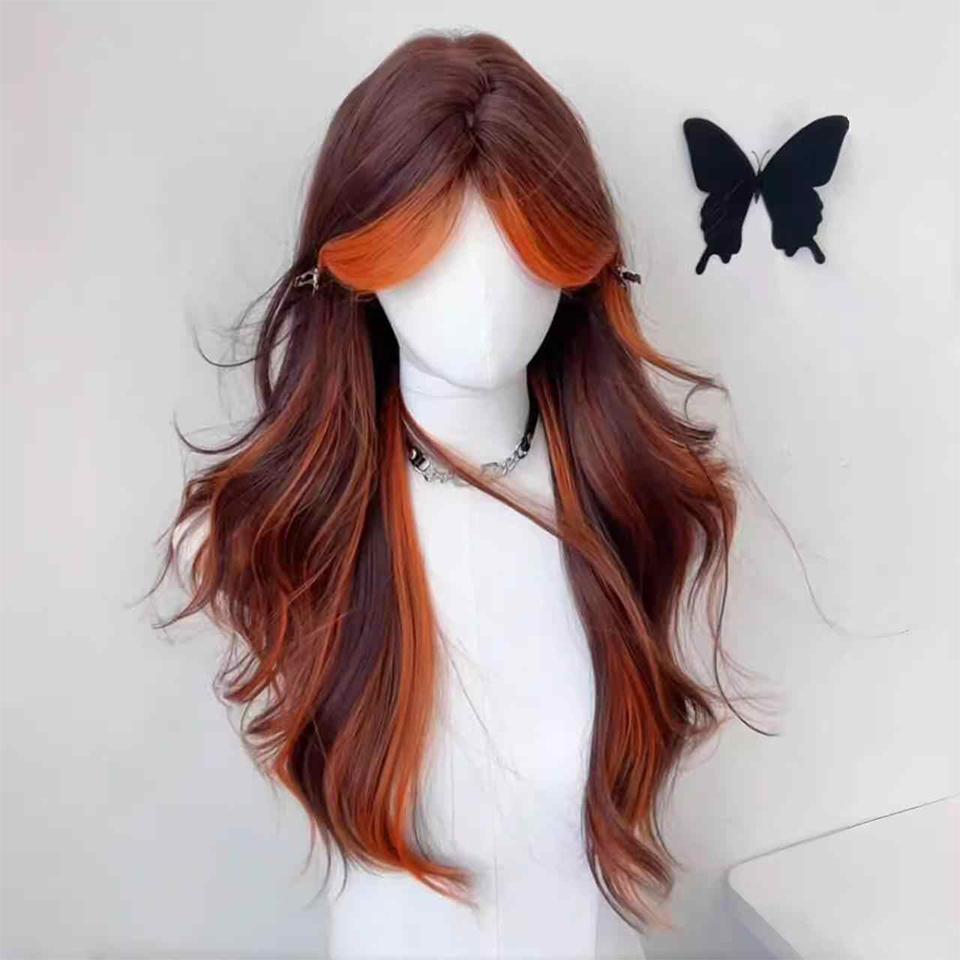 Synthetic Punk Style Long Wavy Curly hair Wig brown red Highlight orange Cosplay Lolita Wigs with Bangs for Women