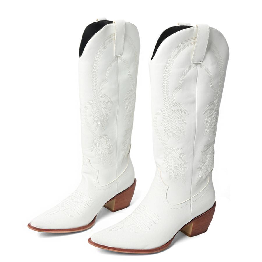 FOREADA Women Knee High Cowboy Long Boots Pointed Toe Chunky High Heels Embroidery Wester Gogo Boots Ladies Fashion Shoes Winter Red