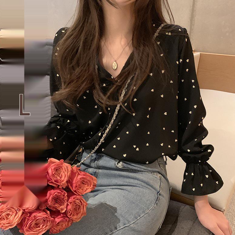 Korean Heart Print Chiffon V-Neck Retro Top - Spring/Autumn Fashion for Women