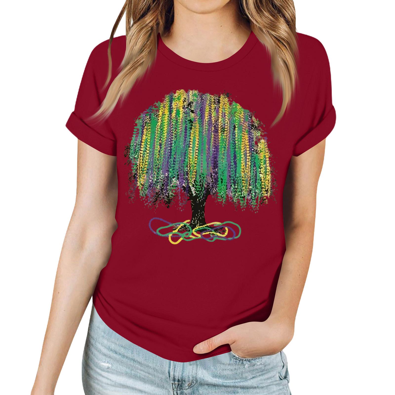 

Women s Casual Carnival Print T-Shirt Round Neck Pullover Short Sleeve Top M винный