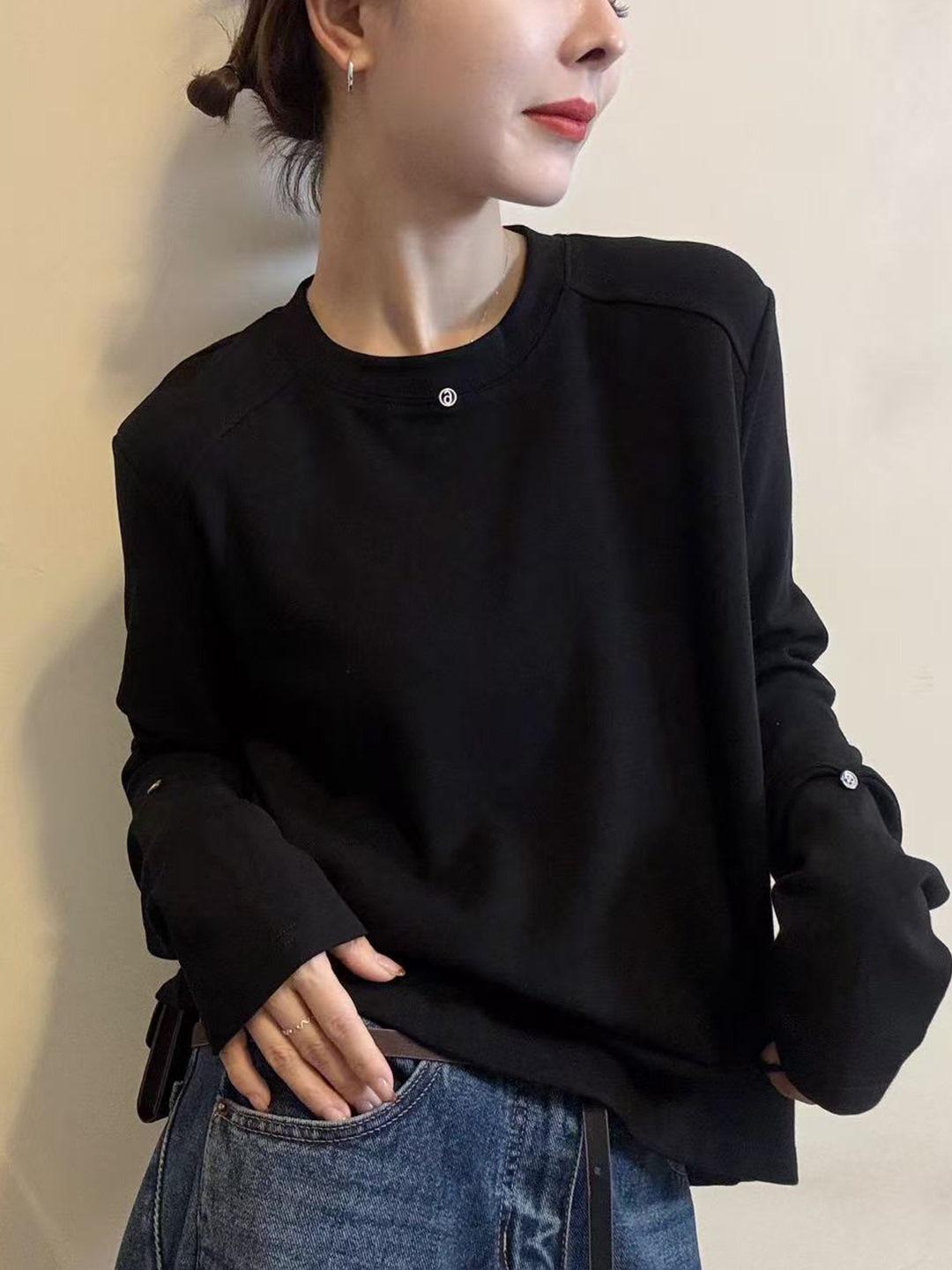 

Women s Premium Long-Sleeve Black Cuff T-Shirt with Warm Brushed Lining - Fall/Winter 2026 Trend Large