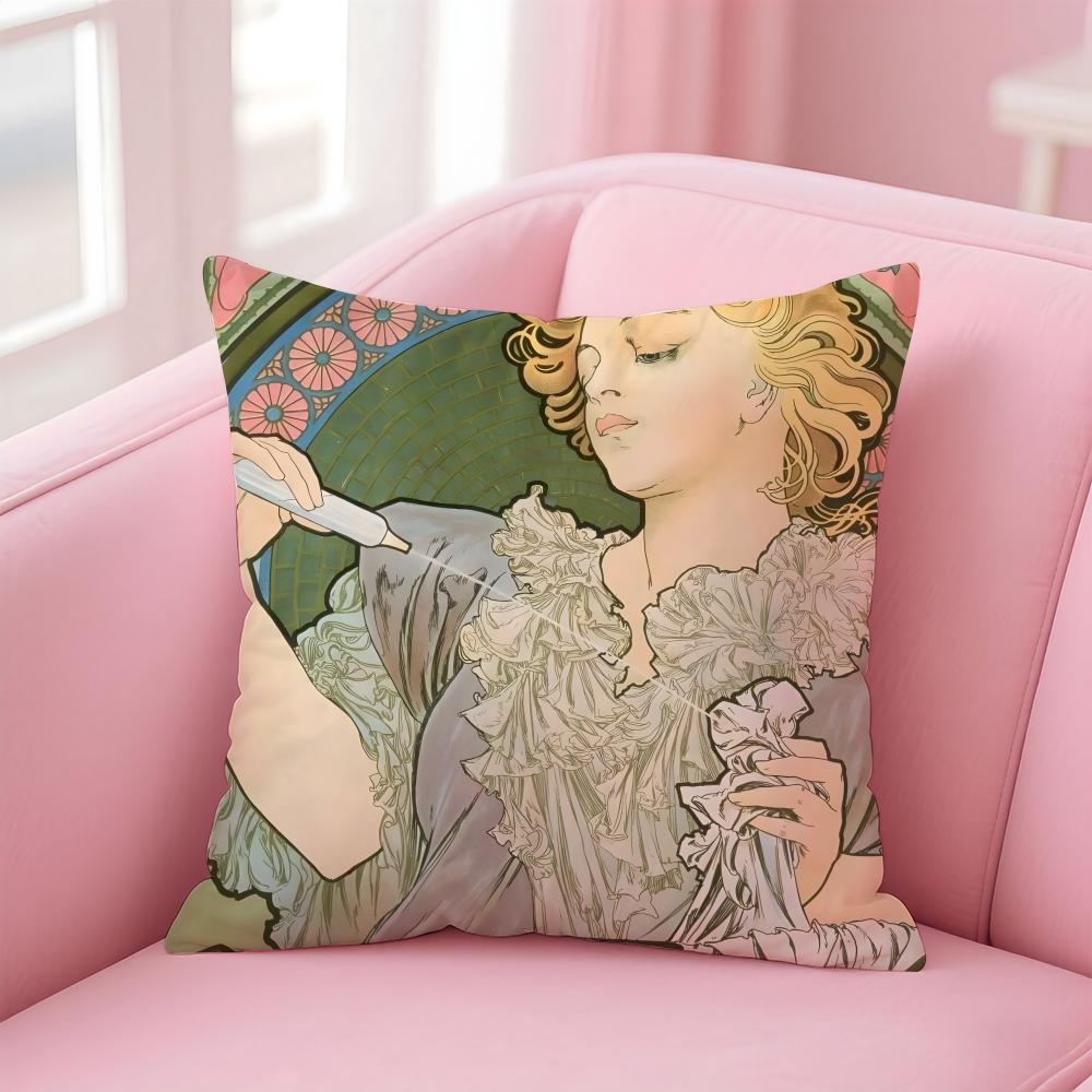 artistic AAlphonse Maria Mucha Cushion Cover Pillow Case Soft Skin Friendly Fabric Comfort Concealed Zipper