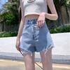 Classic and Minimalist Fashion Versatile Female Summer High-waisted Broken Holes Thin Loose Wide-legged A-line Denim Shorts Individuality Trendiness