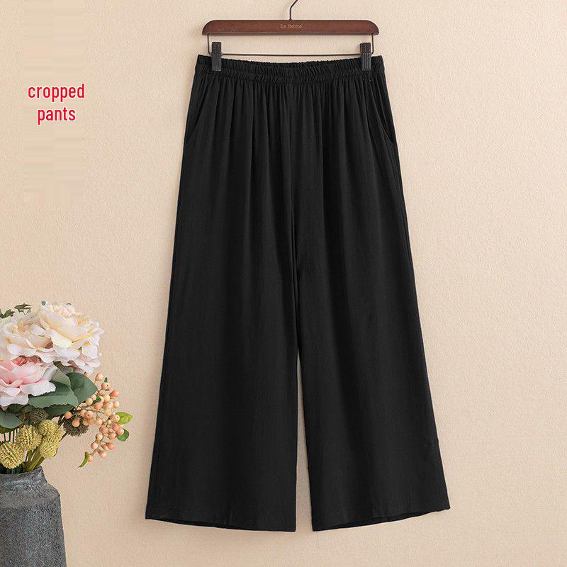 Silk Cotton Mid-aged Women s Casual Wide Leg Pants - Summer Slimming, Solid Color, Seven-point Length XL 80-110 lbs