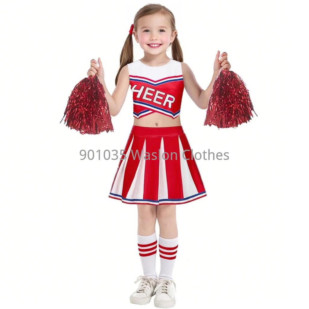 Women Girl Cheerleading Costume Sleeveless Dress Hand Flower With Stockings Dance Costume Set Schoolgirl Cheerleading Dance Suit