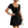 Women’s Short Sleeve Square Neck Eyelet Dress with Adjustable Front Tie and Fitted Waist Casual A Line Mini Sundress