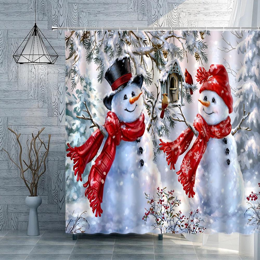 Christmas Shower Curtains Windows Xmas Balls Pine Tree Snowmen Cardinals Bath Curtains Fabric Bathroom Decor Winter Snow Woods
