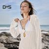 Damen Strandkleid Aushöhlen Gestrickt Rückenfrei Schnürriemen V-Ausschnitt Lockerer Kittel Überzug Langarm Sonnenschutz Lady Bikini Badeanzug Beachwear