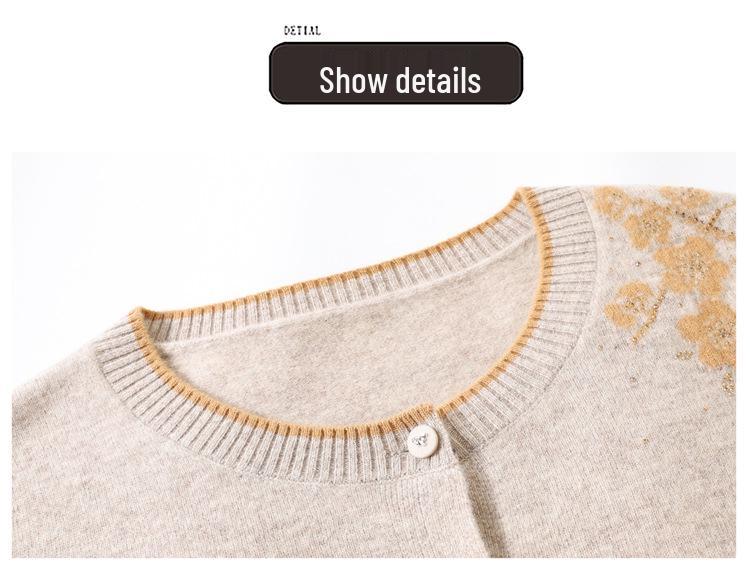 Women's Pure Wool Embroidered Cardigan - Round Neck, Button-Up Knitwear for Autumn/Winter