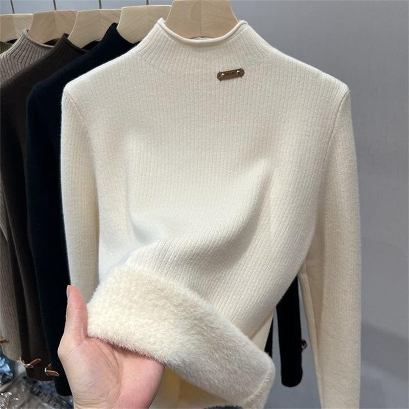 

Женский осенне-зимний свитер с полувысоким воротником, флисовый и утолщенный вязаный свитер с интегрированным флисом, теплая базовая рубашка, топ для женщин One size