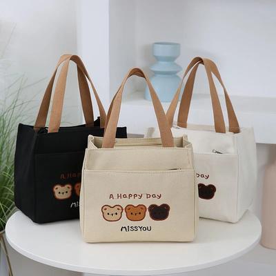 Damen Niedliche Lunchtasche Cartoon Bär Druck Isolierte Leinwand Multifunktionale Tote Arbeiter Isolierte Lebensmittelboxen