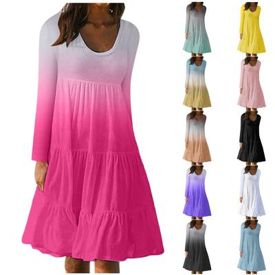 Moda de Mujer Manga Larga Cuello Redondo Degradado Vestido de Playa de Gran Vuelo