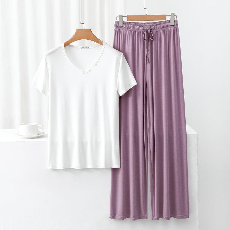 Modal Homewear 2pcs Pajamas Set Short Sleeve Tops and Trousers Solid Color Casual Loose Sleepwear Suit Plus Size Nightwear