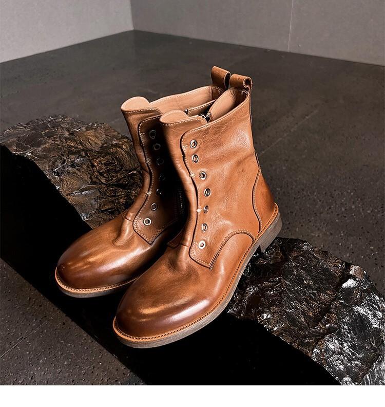 Haute Couture~ 2025 Autumn and Winter Round Head Side Zipper Medium Boots Brown First Layer Cowhide Genuine Leather Martin Boots Secret