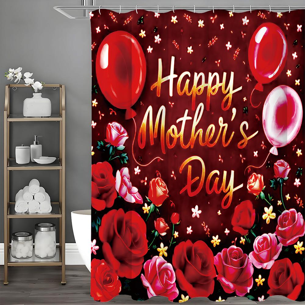 Mother's Day Red Floral Rose Balloon Shower Curtain, Bathroom Decorative Shower Curtain, Waterproof Shower Curtain with Hooks