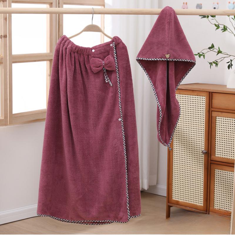 Damen-Bademantel-Set mit niedlicher Schleife, schnell trocknend, Spa-Wraps und Duschhaube