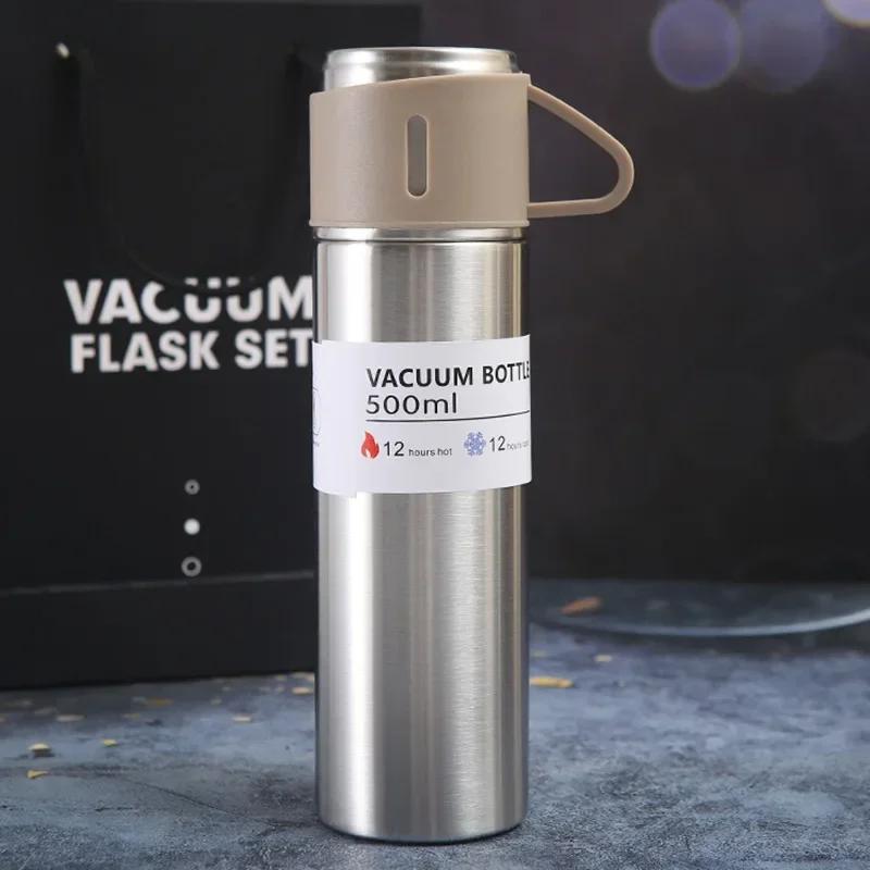 500ml 3-in-1 Lid 304 Stainless Steel Thermos Gift Set, Double Wall Vacuum Insulated Water Bottle with 2 Drinking Cups