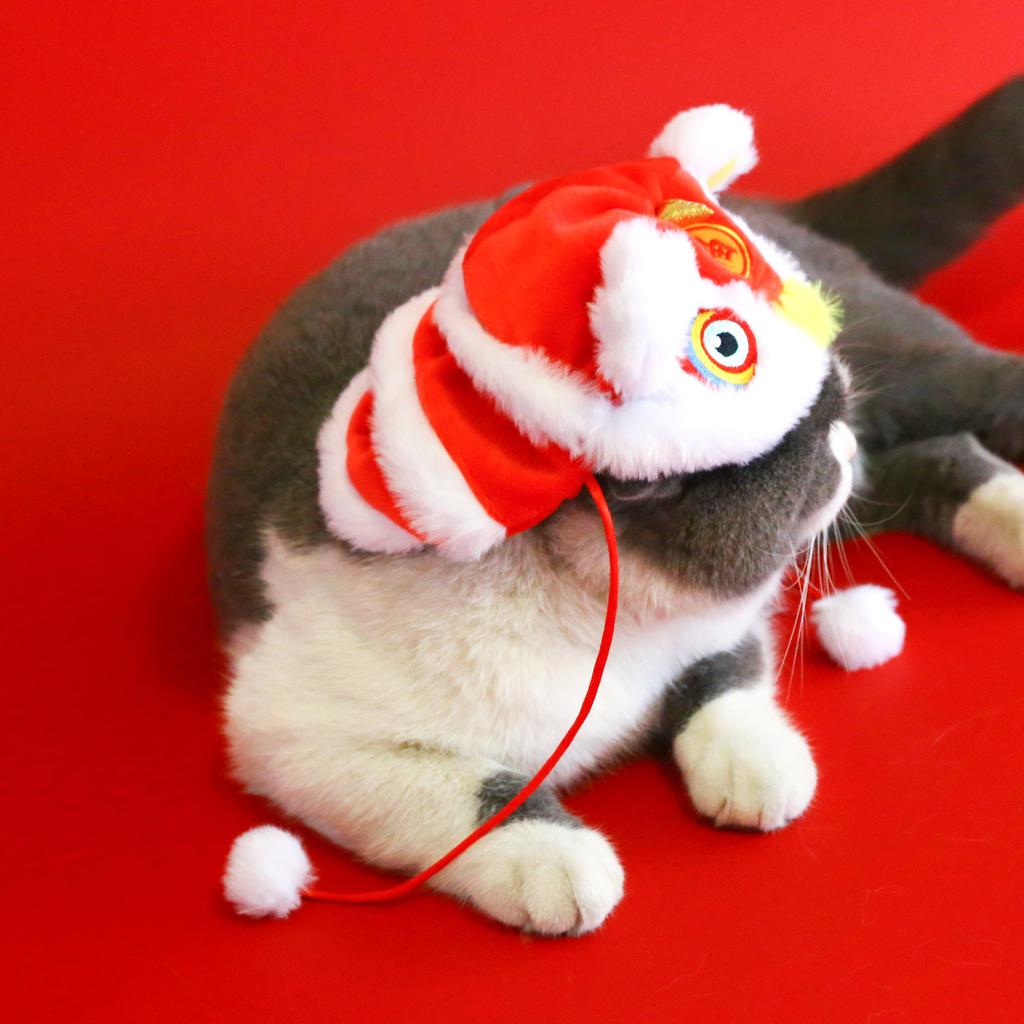 Traditional Style Chinese Pet Headwear Cartoon Lion Wakeup Hat For Spring Celebrations Festival