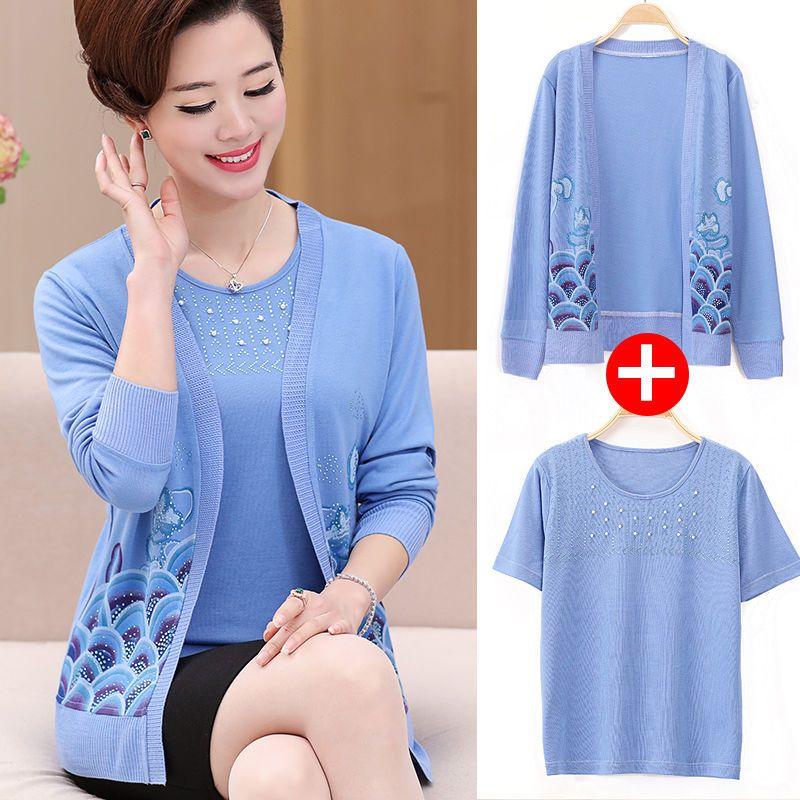 2PCS Spring/SummerAutumn Women's Knitted Cardigan Sweater + Short Sleeve Knitted T-Shirt Two Piece Set Plus Size Open-front Knitted Jacket