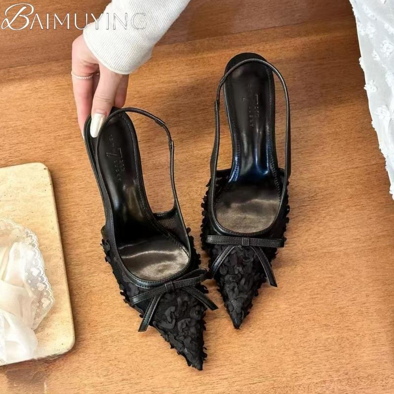 Fashion Mesh Bow Women Heeled Sandals High Heels Pointed Toe Slippers Slingback Shoes Summer 2025 New Trend Party Dress Sexy Pumps Mujer