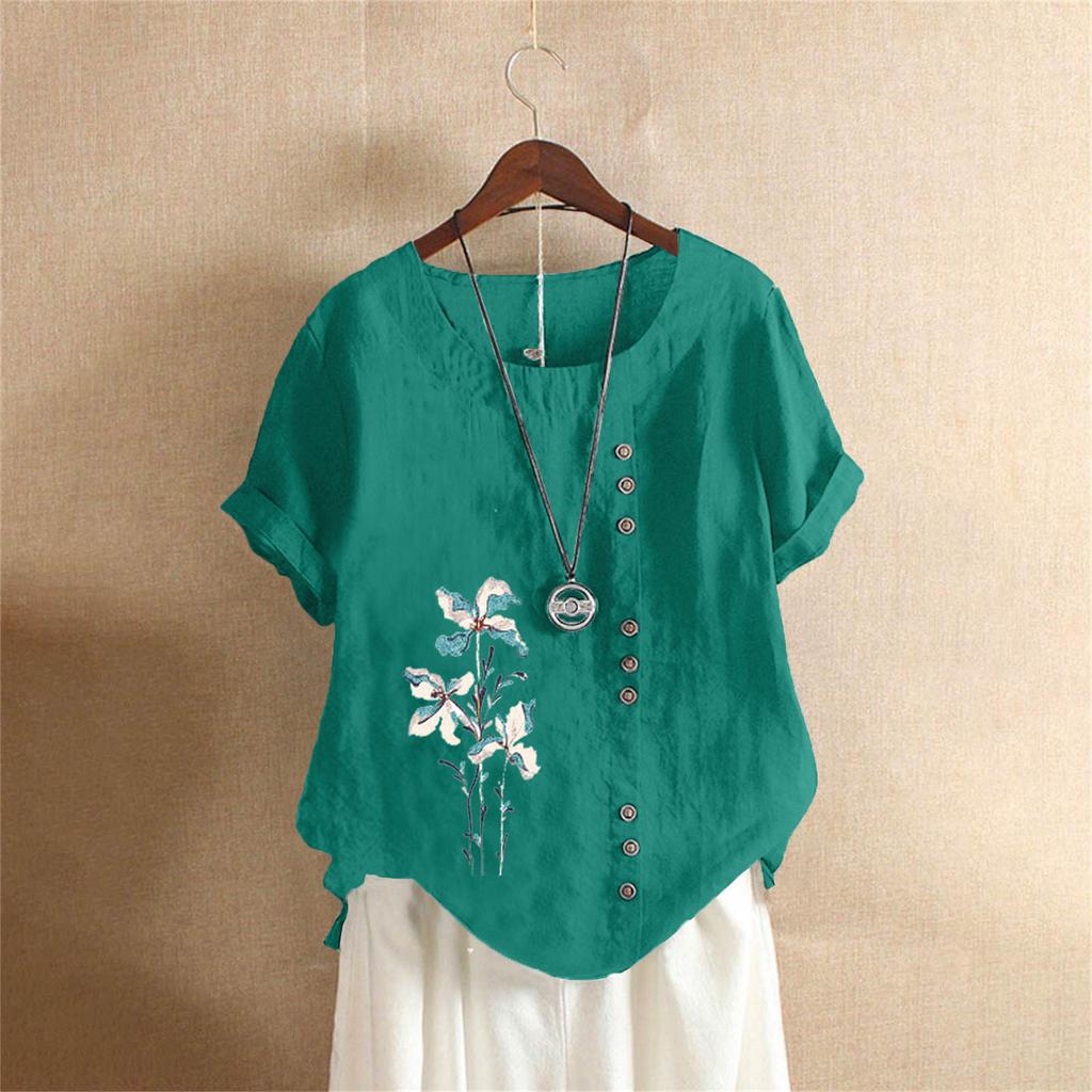 Women Cotton Linen Floral Boho Tops T Shirt Summer Short Sleeve Loose Blouse Tee Clothing