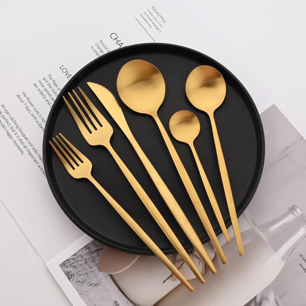 6/30Pcs Matte Gold Dinnerware Set Stainless Steel Dinner Knife Fork Spoon Cutlery Set Korean Kitchen Flatware Tableware Set