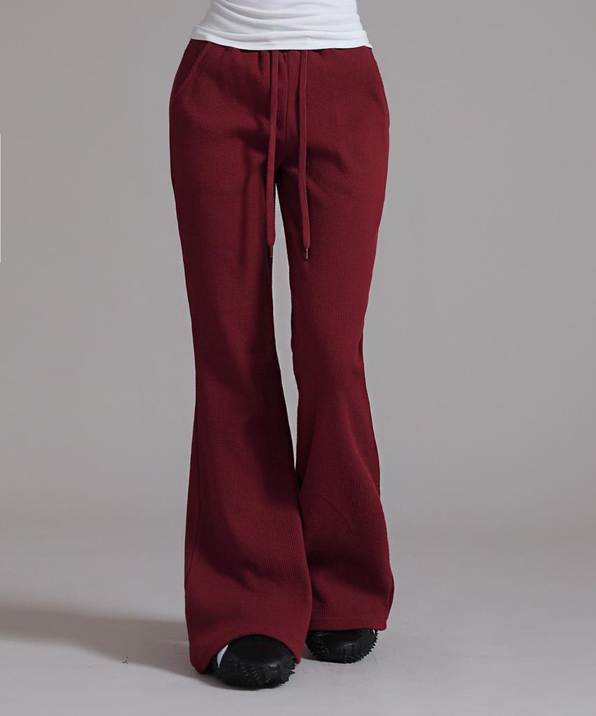 LIKE THE MOST Waffle Bootcut Elastic Pants_Wine
