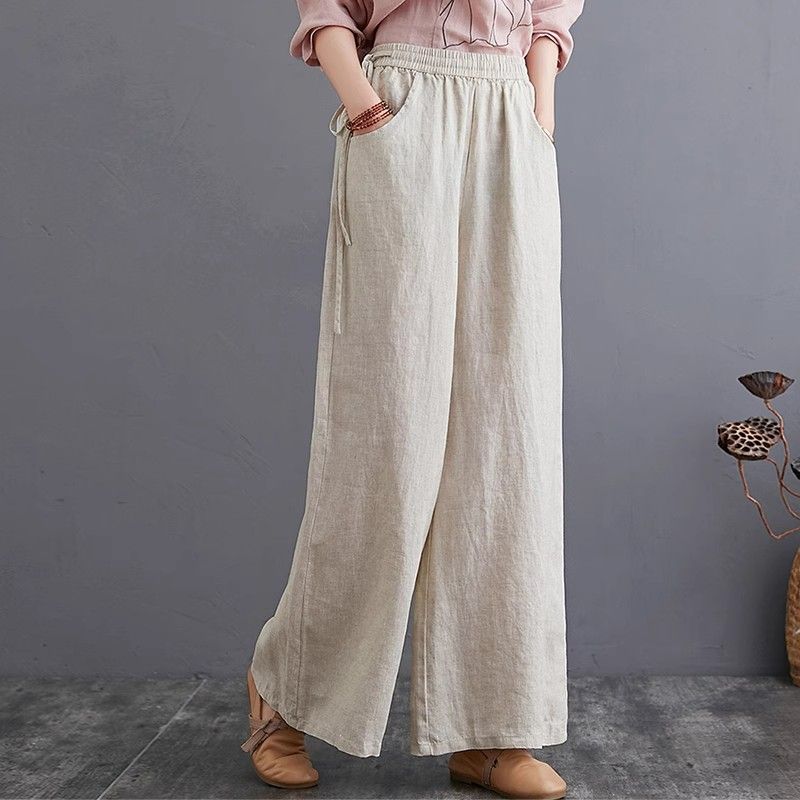 Spring and Autumn Women's High Waisted Pants Retro Artistic Loose Fitting Slimming Straight Leg Casual Pants