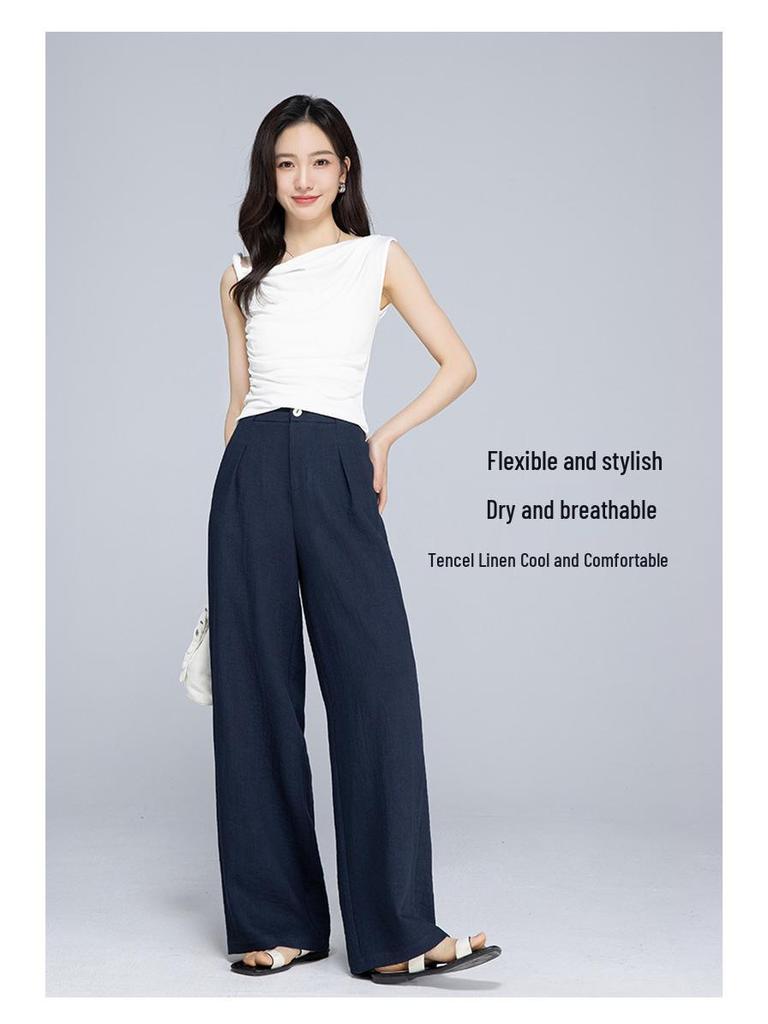 Women's High-Waist Tencel Linen Wide-Leg Pants, Summer 2025, Relaxed, Slimming, Floor-Length