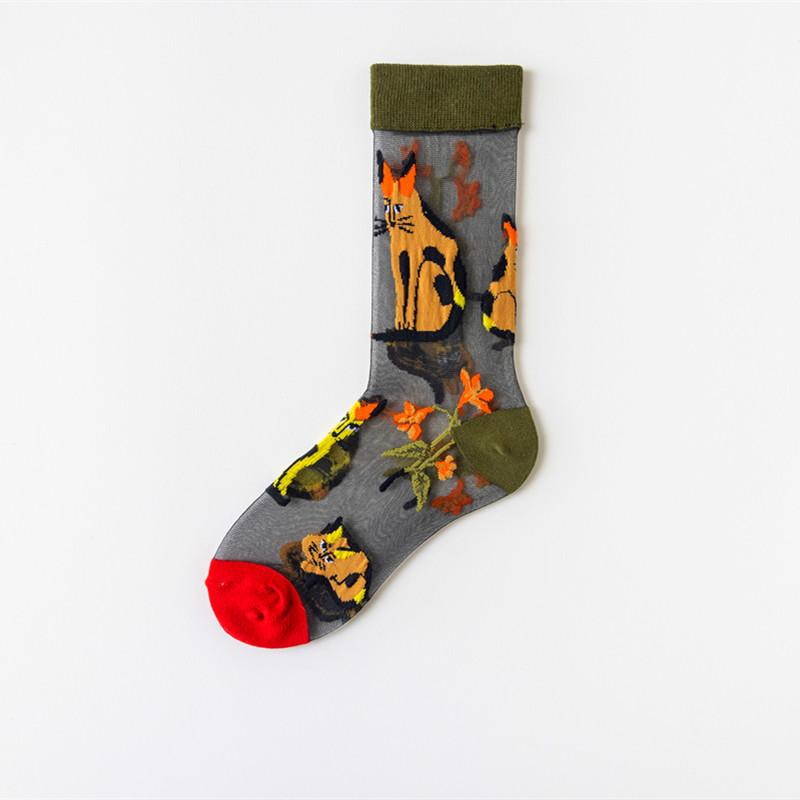 

1 пара женских носков, мультяшный кот, цветок, растение, каваий, смешные, повседневные, женские, хрустальные шелковые модные носки, уличная одежда, Харадзюку, носки до щиколотки Size Suit For 35-40