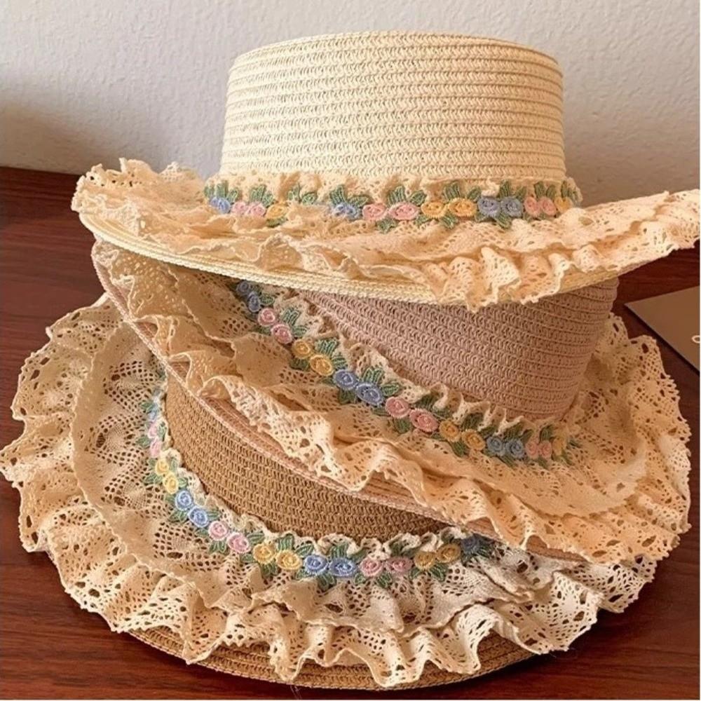 Sweet Large Brim Straw Sun Hat with Lace Trim UV Protection Lace Ribbon Bucket Hat Sun Protection Beach Sunshade Hat Summer