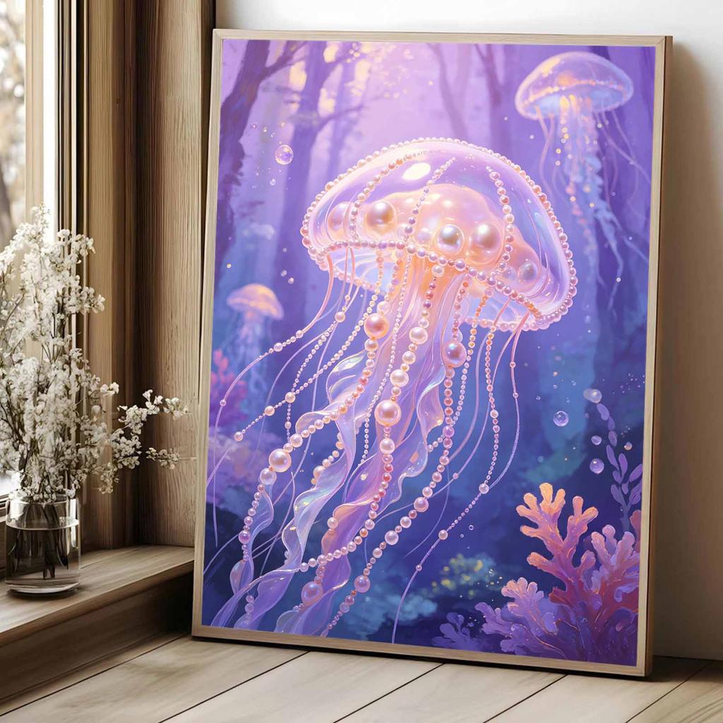 Framed Pearl Painting Kit Jellyfish Ocean DIY 3D Bead Canvas Art Creative Leisure Craft Home Decoration Wall Decor Elegant Fantasy Artwork