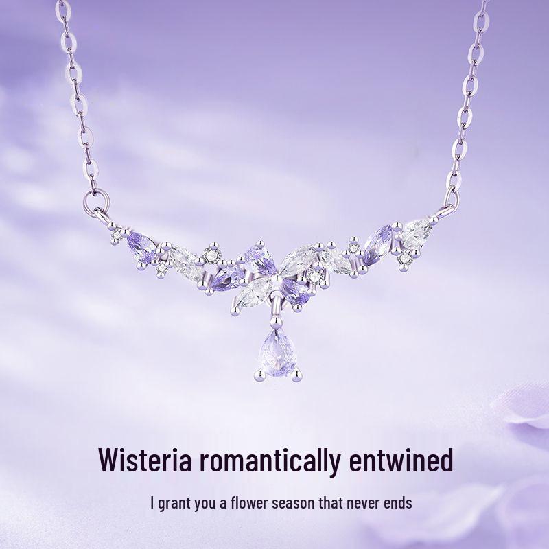 

S925 Sterling Silver Wisteria Flower Necklace with Purple Rhinestones, Light Luxury Clavicle Chain, Perfect Birthday Gift for Her. 925 Sterling Silver